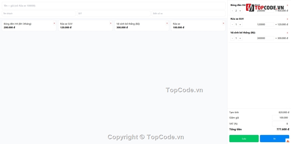 Pos in hóa đơn,Tạo và in hóa đơn nhanh,H óa đơn cho gara